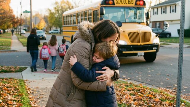 Woman and young boy hugging on sidewalk as children walk to school bus, autumn season and family relationships concept.
