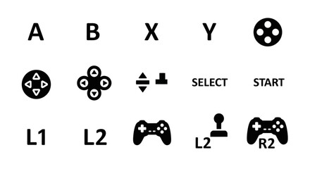 Collection of various game controller buttons and icons displayed on a plain background © Adam