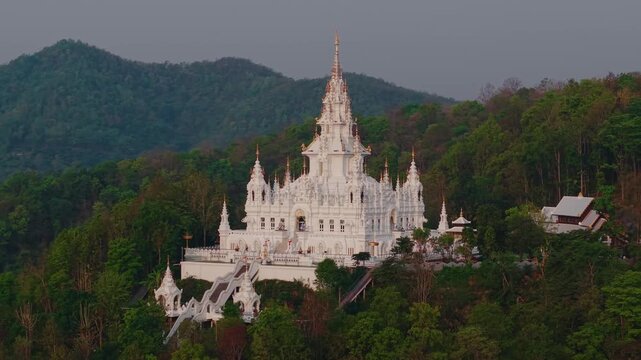 Aerial view White pagoda Loha Prasat Sri Mueang Pong temple in Chiang Mai, Thailand.