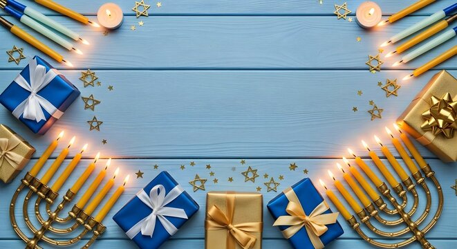 Hanukkah candles laterns on blue wooden background with gift boxes and stars. Jewish holiday Hanukkah concept. Jewish holiday Shalom. Flat lay, copy space