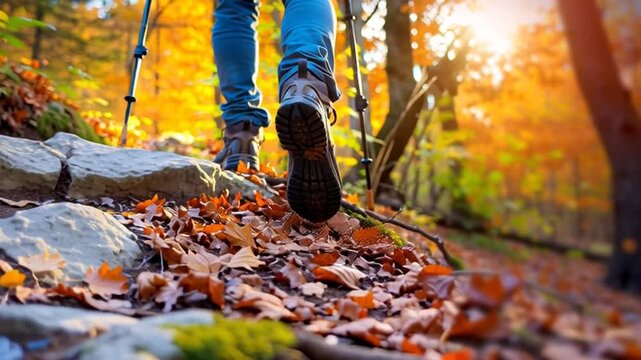 Hiker's footsteps on a rocky trail amidst vibrant autumn foliage in a serene forest setting at sunrise.