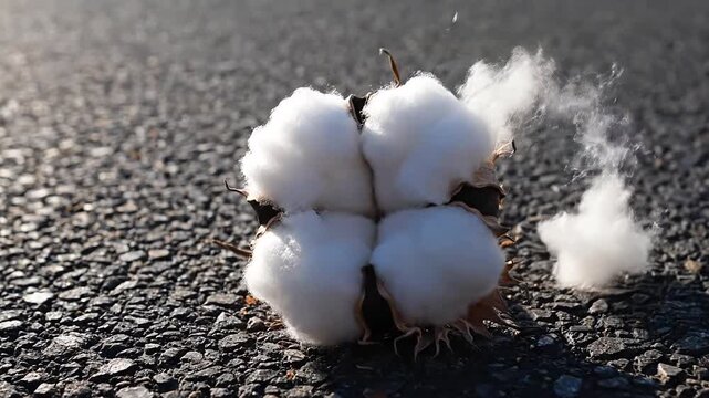 Closeup of a fluffy cotton boll with visible fibers resting on a dark textured asphalt surface highlighting natural texture and organic material in sunlight.