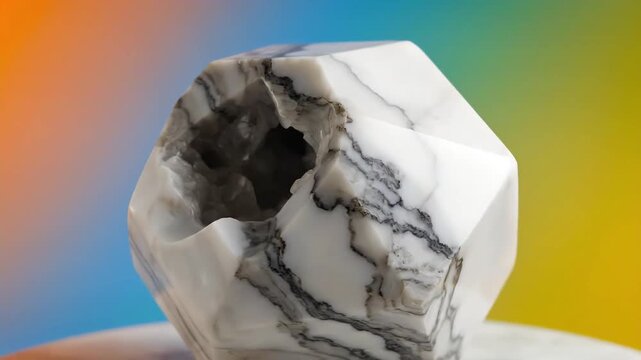 Closeup of a faceted geometric crystal geode with white and gray marbled patterns and a dark crystalline interior against a vibrant gradient background.