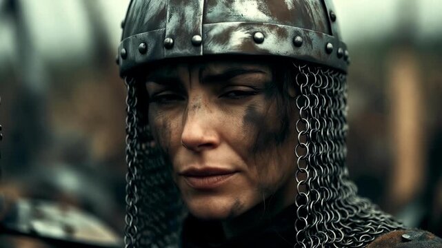 A close shot of an armored female warrior with chainmail in realistic style on a muted background, concept of courage and battle