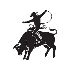 Silhouette of cowboy riding bucking bull with rope and lasso graphic
