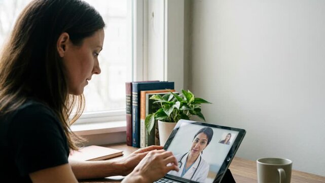 Woman doing video call with woman doctor on home healthcare online consultation for telehealth virtual appointment