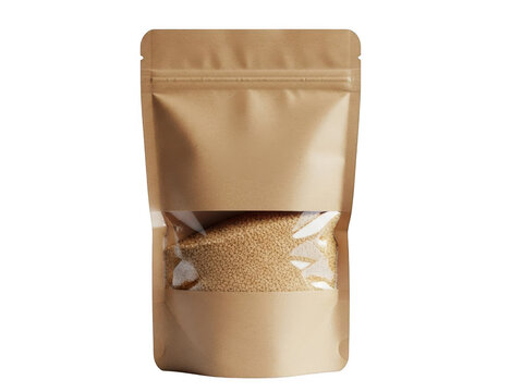 A brown bag of oats on a white background