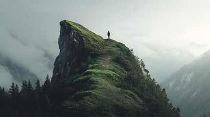 Fototapeta premium A solitary figure stands atop a majestic mountain peak, gazing out at the breathtaking scenery, with fog covering the valleys. The atmosphere is quiet, evoking a sense of calm and solitude.