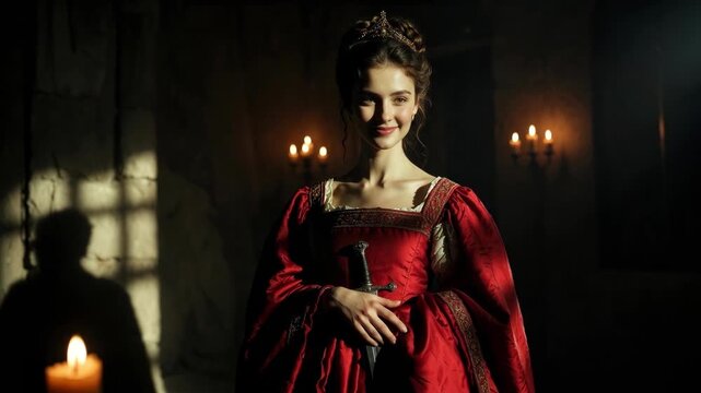 Woman in medieval dress holding sword in dark stone hall, cinematic style, on moody background, concept of nobility and strength