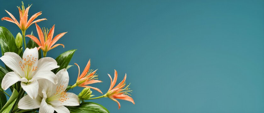 Bright orange lily and white flower isolated on teal background with copy space. Spring flower arrangement. Easter, Mother's Day, Women's Day celebration. Floral border or topper