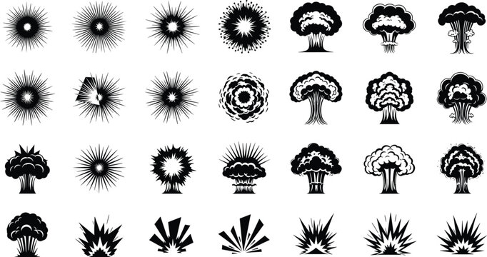 Explosion blast vector illustration, energy burst icons, nuclear mushroom cloud artwork, shockwave silhouette design, dynamic explosion scene - flat vector illustration