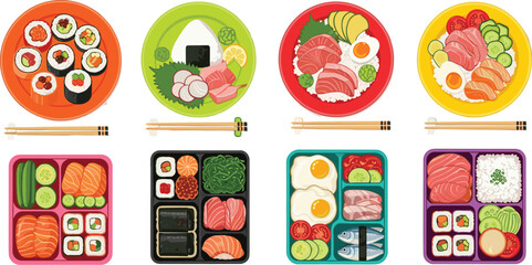 Japanese Sushi and Bento Box Collection with Salmon Tuna Rice and Traditional Asian Food Vector Illustration © Mukta  Creative
