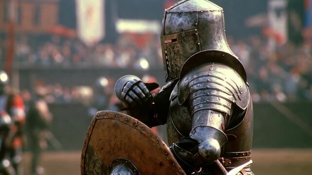Armored knight with shield in realistic style on blurred arena background symbolizing medieval combat traditions of chivalry