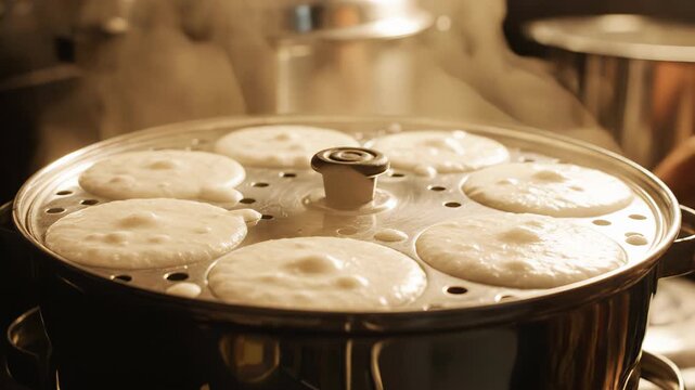 Steaming Idlis in a Traditional Metal Steamer With Gentle Ambient Lighting Creating a Warm Culinary Atmosphere Close Up Shot