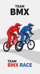 Naklejka premium Dynamic BMX Race: Red and Blue Cyclists in Action, Representing Team Spirit and Speed