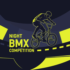 Fototapeta premium Dynamic BMX Rider Performing Stunts During A Thrilling Nighttime Competition Event