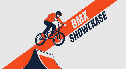 Naklejka premium Dynamic BMX Show Depicting Airborne Athlete Performing Stunt Over Colorful Ramp and Line