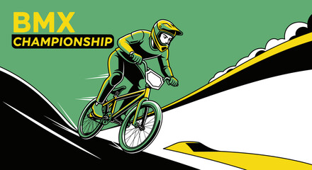 Naklejka premium Dynamic BMX Rider Performing Action During The Intense Championship Race in a Vibrant Scene