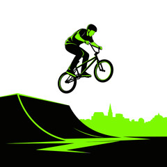 Naklejka premium Dynamic BMX Rider Performing Aerial Stunt Above Urban Silhouette Against Bright Green Backdrop
