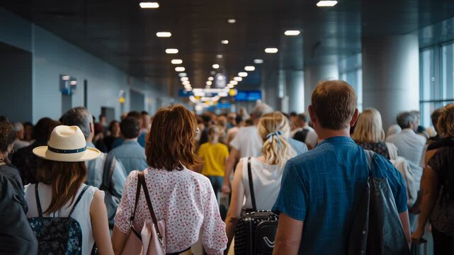 Bustling terminal activity, Travelers rush through busy hall, People maneuver quickly and efficiently within densely populated airport corridor