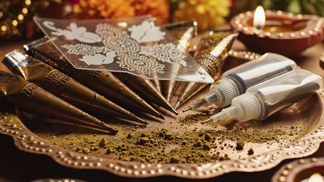 Traditional Henna Application Kit With Intricate Stencils And Two Artist Cones Arranged On A Textured Metallic Tray With Scattered Henna Powder And A Lit Diya Lamp In Soft Warm Lighting Perfect For