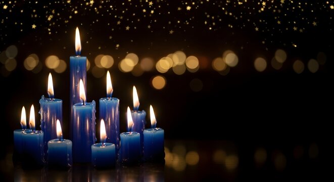 Flaming blue candles at night on blurred dark background with stars and lights. Candles in Christian church as catholic symbol. Abstract festive backdrop. Christmas eve or Chanukah banner with copy sp