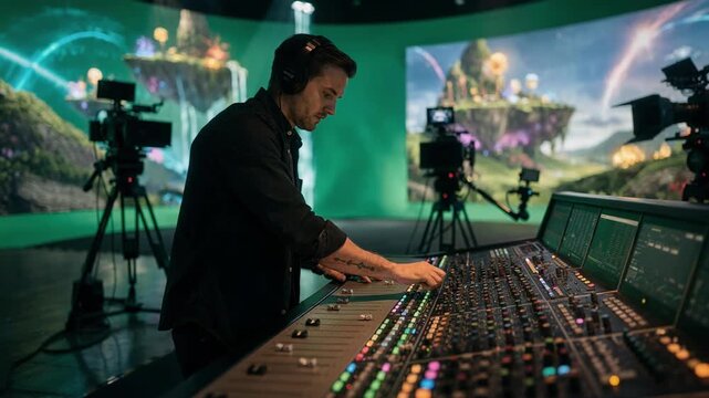 Focused audio engineer adjusting sound mixing console in a virtual production hub surrounded by outoffocus camera setups capturing dynamic fantasy world visuals.