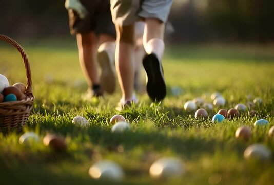 Wicker basket full of Easter eggs on grass with children run behind it in park . This dynamic lifestyle is perfect for spring holiday promotions and family event ads.