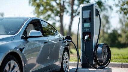 Silver sedan charging at urban charging station near park.