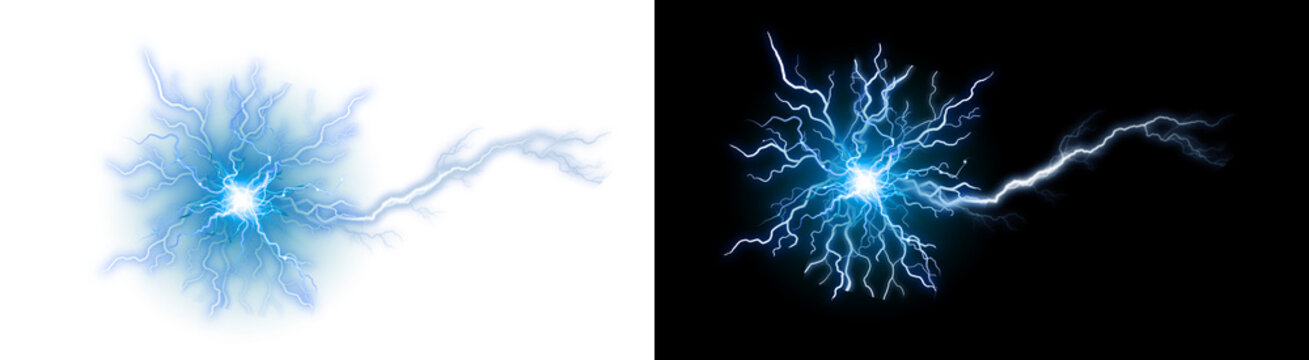 PNG image of&nbsp;A powerful and vibrant blue lightning strike with numerous intricate, crackling electrical tendrils radiating intensely from a brilliant central energy core on transparent background. 