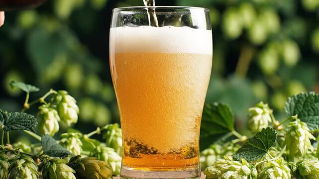 A refreshing, golden beverage is expertly poured into a clear glass, creating a magnificent frothy head and captivating effervescent bubbles that cling to the sides. The scene is beautifully framed by