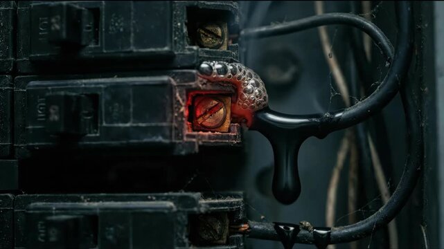 Electrical short circuit showing melting wire insulation and smoke from an overheated circuit breaker panel, indicating electrical fire hazard.