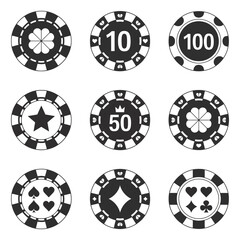 Poker Casino Chips Icons Set Featuring Simple Vector Graphics for Web Design and Online Gambling Interfaces Isolated on White Background for Professional Gaming Projects