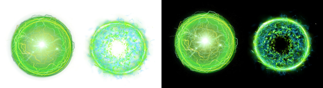 PNG image of&nbsp;Dynamic green and blue energetic plasma spheres with luminous centers, vibrant lightning bolts, and swirling abstract particles, evoking power and magic on transparent background.