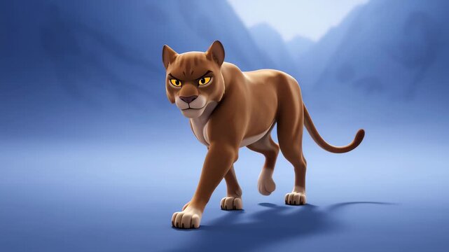 Cartoon female lioness striding confidently against blue mountains ready for an adventure or animated storytelling concept