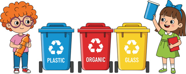 Flat Vector Illustration of Cute Children Sorting Trash into Recycling Bins, Kids Learning About Ecology and Environmental Care.