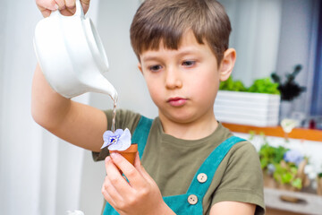 A young boy carefully waters a delicate flower using a small watering can, showcasing childhood curiosity and learning through nature. The image captures a tender moment of responsibility and care in  © Peresada