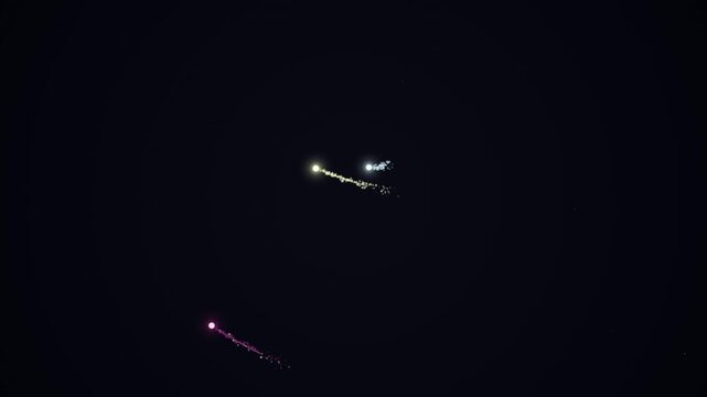 Aerial vehicles flying at night with visible lights in a dark environment from a distant viewpoint