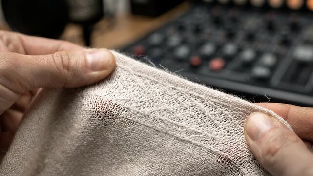 Focused view of fabric being gently rustled by fingers capturing fine textile fibers and hands with a softly blurred microphone and mixing desk behind.
