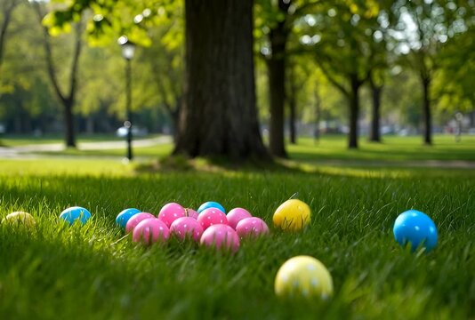 Colorful Easter eggs roll and jump on green grass in a sunlit park. This bright seasonal background is perfect for holiday event posters and spring promotional materials.