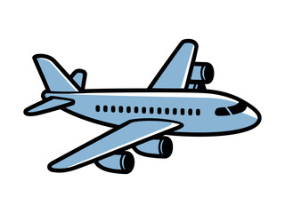 A cartoon illustration of a blue airplane flying through the sky with a white background