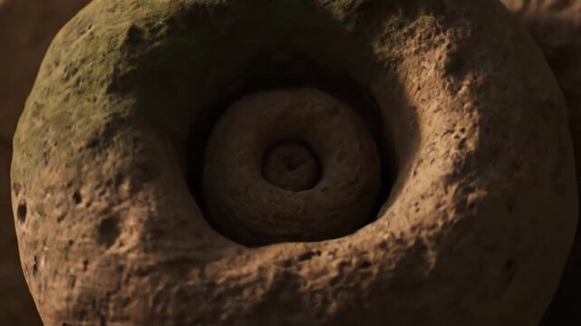 Close up view of an ancient weathered stone object featuring a deep, rough circular indentation and weathered texture.