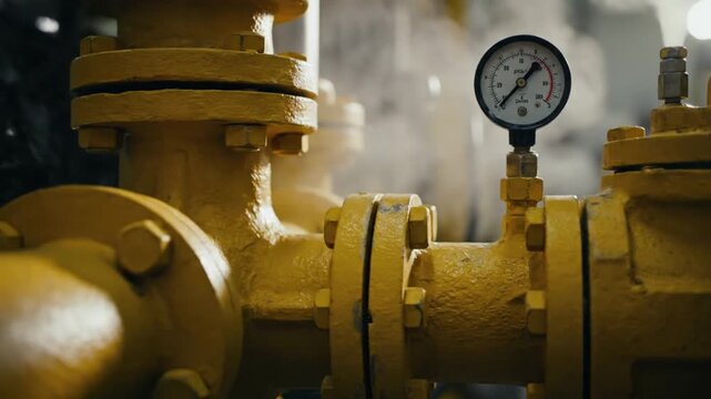 Ultra detailed industrial documentary style footage close up on mechanical system with compact pipes reinforced connectors calibrated pressure gauge and secured bolts camera slowly sliding across yell
