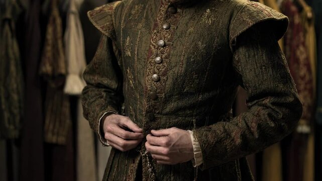 Focused medium shot capturing an actor adjusting a Renaissancestyle doublet with the costumes texture highlighted and the surrounding wardrobe racks gently out of focus.