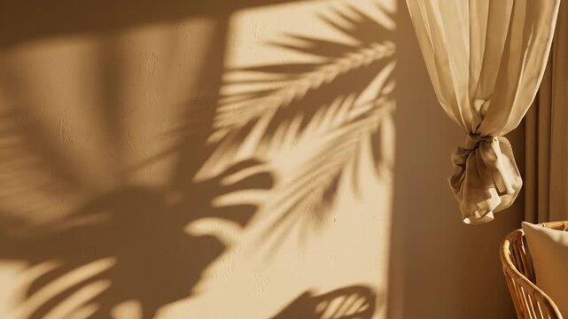 Sunlight Casts Palm Leaf Shadows on a Textured Wall Beside a Rattan Chair