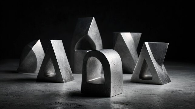 Collection of Industrial Geometric Metal Sculptures with Dramatic Lighting and Dark Background