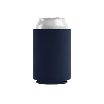 a pristine, blank, deep navy blue neoprene can cooler snugly fitted on a cold silver aluminum can with condensation droplets, isolated on a transparent background. concept for product packaging