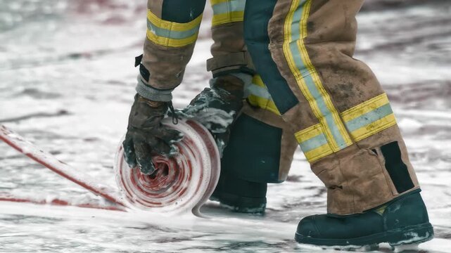 Firefighter in protective gear rolls up a hose covered in foam after extinguishing a fire