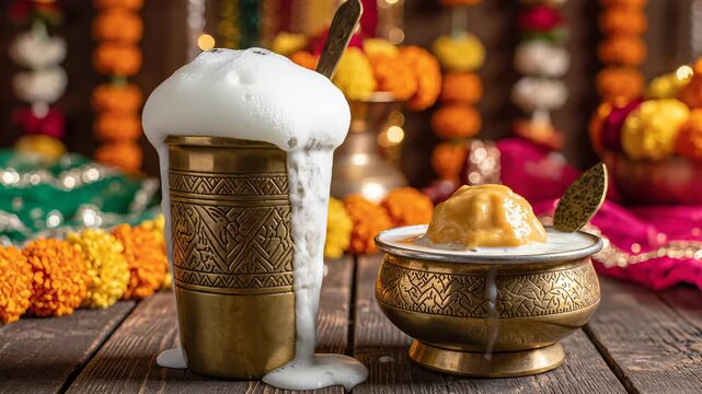 Traditional Indian Drink Lassi in Ornate Brass Tumbler Overflowing with Frothy Creamy White Liquid Alongside a Bowl of Mango Dessert on a Rustic Wooden Table Decorated with Marigold Garlands and