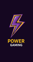 Dynamic Gaming Logo Design: Purple and Yellow Lightning Bolt on Dark Backdrop